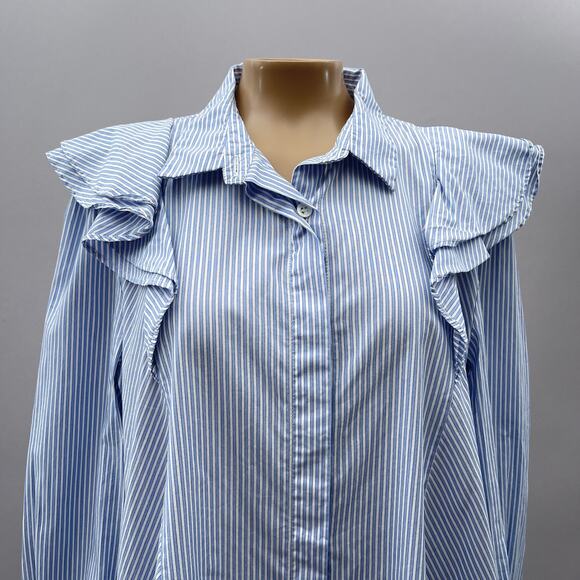 Paul & Joe Sister Dress Women M/L Blue Striped Shirt Trapeze Ruffle Preppy READ - Picture 2 of 9